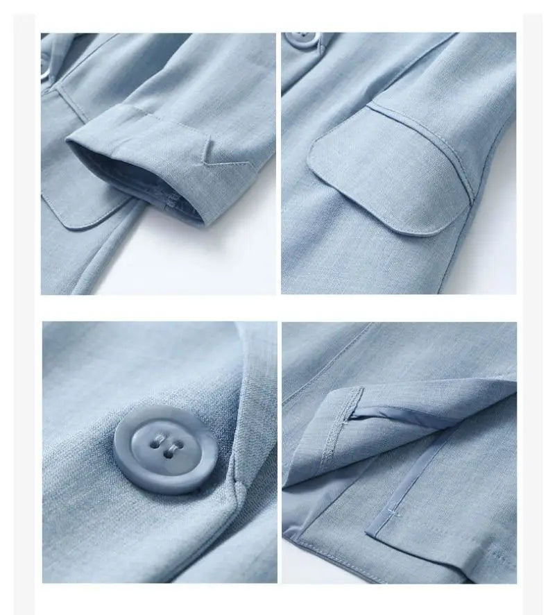 Blue Solid Casual Turn-Down Collar Single Button Three Quarter Sleeve Women's Jacket Suit Blazer Short Jackets Coat 2024 Fashion