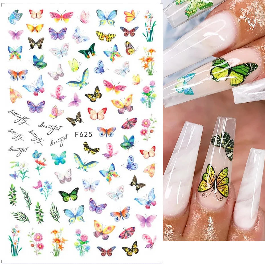 New Spring Fresh Flowers Butterfly 3D Nail Stickers Colorful Laser Butterflies Geometric Pattern Stickers Nail Decoration 1PCS