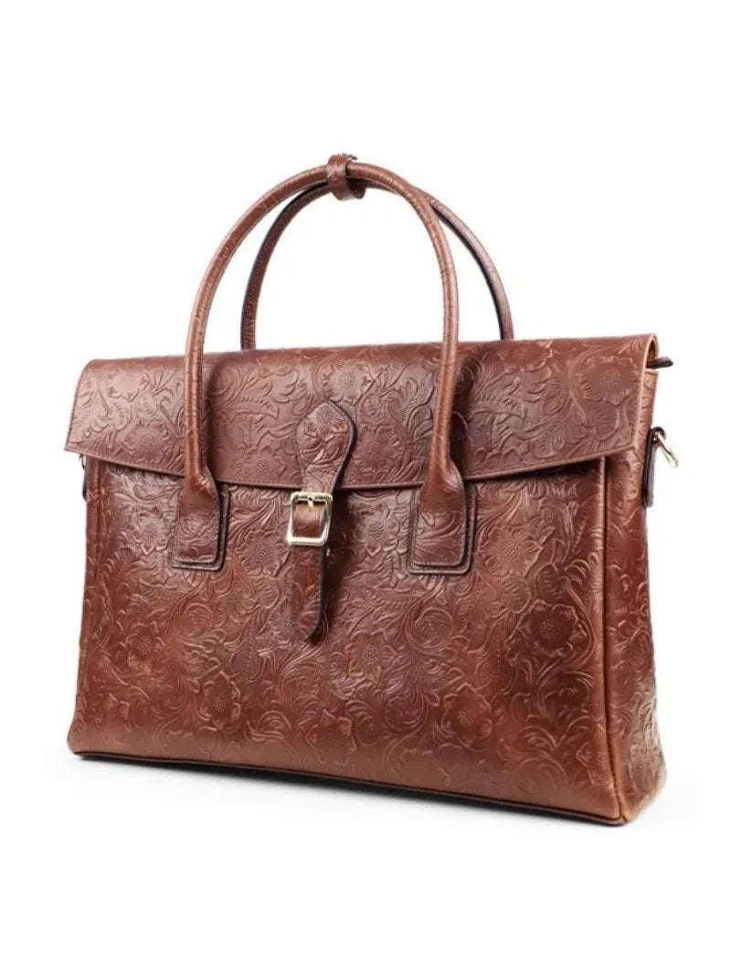 Vintage flower carved leather bag  single shoulder briefcase & business satchel