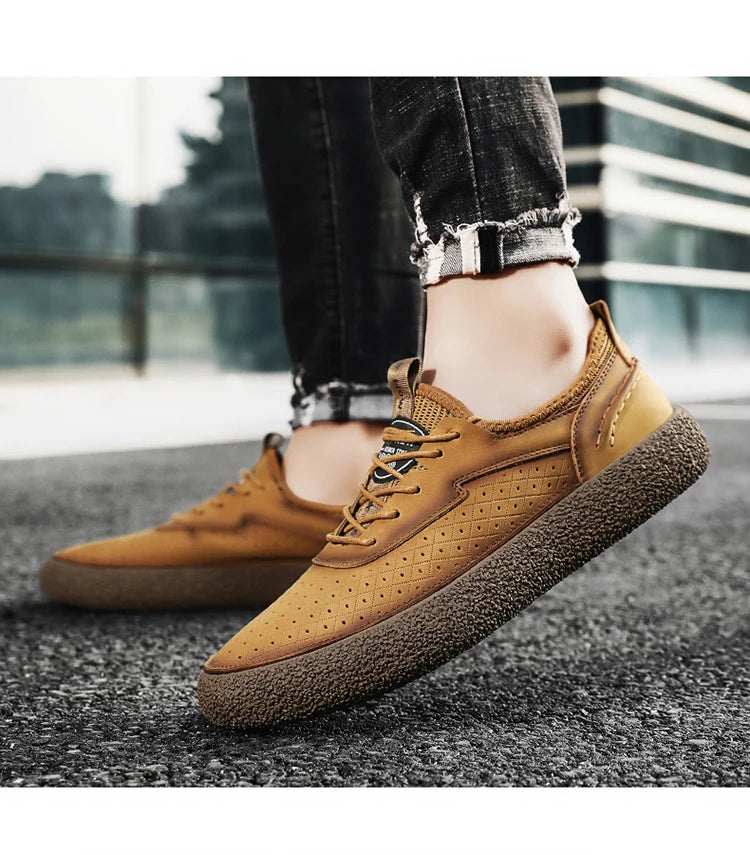Sneakers for Men Comfortable Classic Outdoor Casual Skate Shoes Male Fashion Non-Slip Genuine Leather Skateboard Shoes Flats