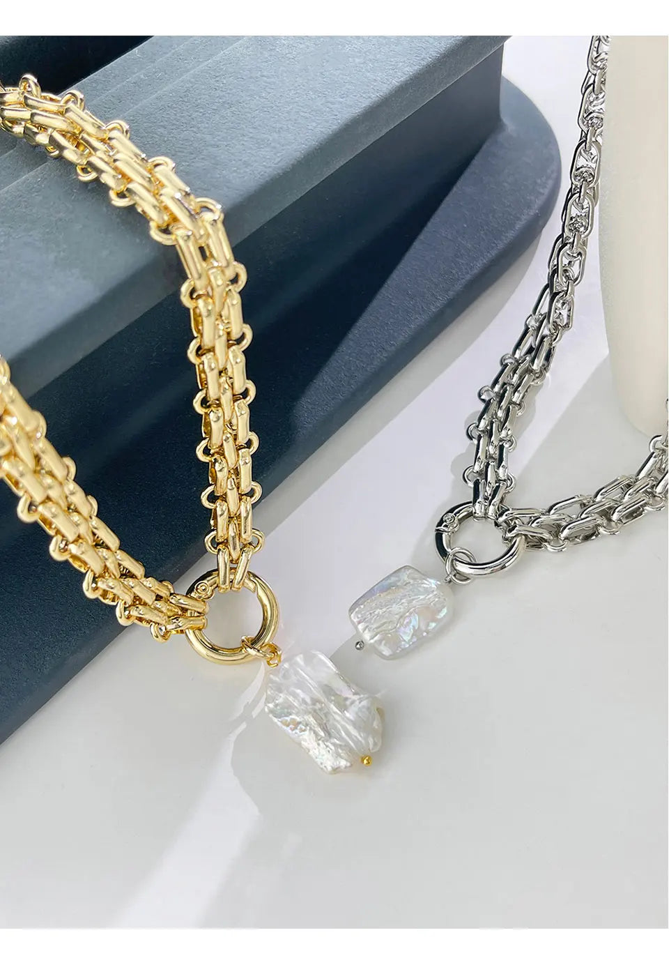 Peri'sBox Large Square Natural Freshwater Pearl Pendant Chunky Chain Necklace for Women Vintage Elegant Baroque Pearls Necklaces