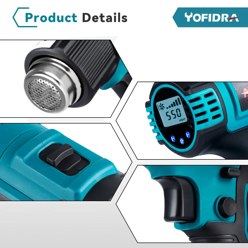 Yofidra 2500W Electric Hot Air Gun - 6 Gears Adjustable LED Temperature Display Soldering Thermal Blower For 21V 18V Battery