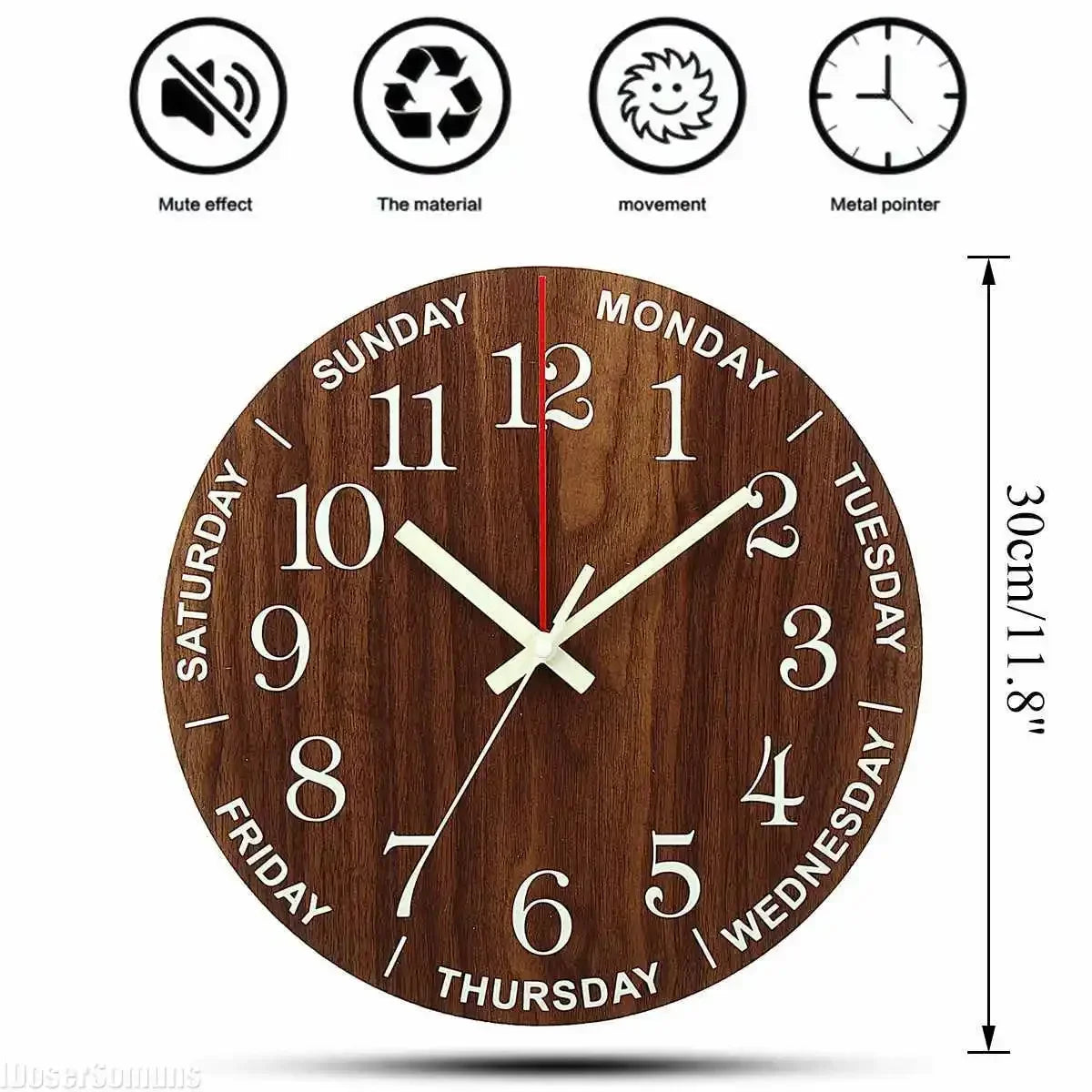 Nordic 12 Inch Luminous Wall Clock Wood Silent Light in Dark Night Fashion Wall Clock Non Ticking Clock with Night Light