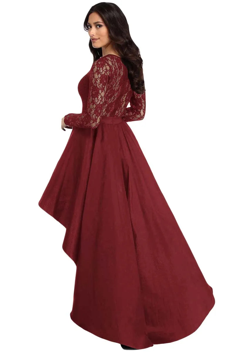 New Spring Elegant Dresses for Women Long Sleeve Lace High Low Satin Prom Evening Dress Cocktail Party Gowns Vestido Feminino