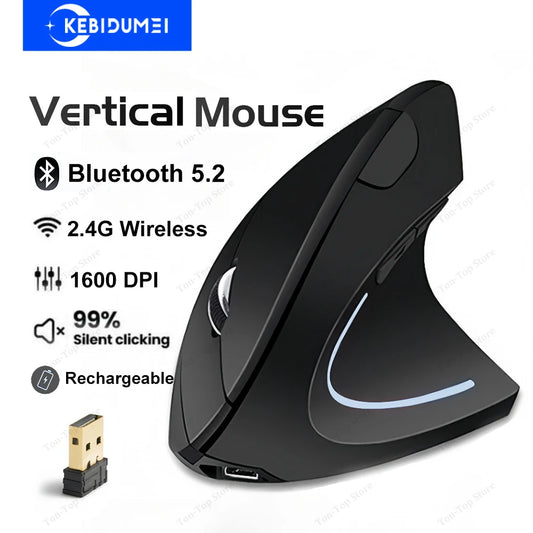 Wireless-Maus 2025: Bluetooth-5.2 Dual-Mode Vertical Rechargeable Silent 1600-DPI Collection