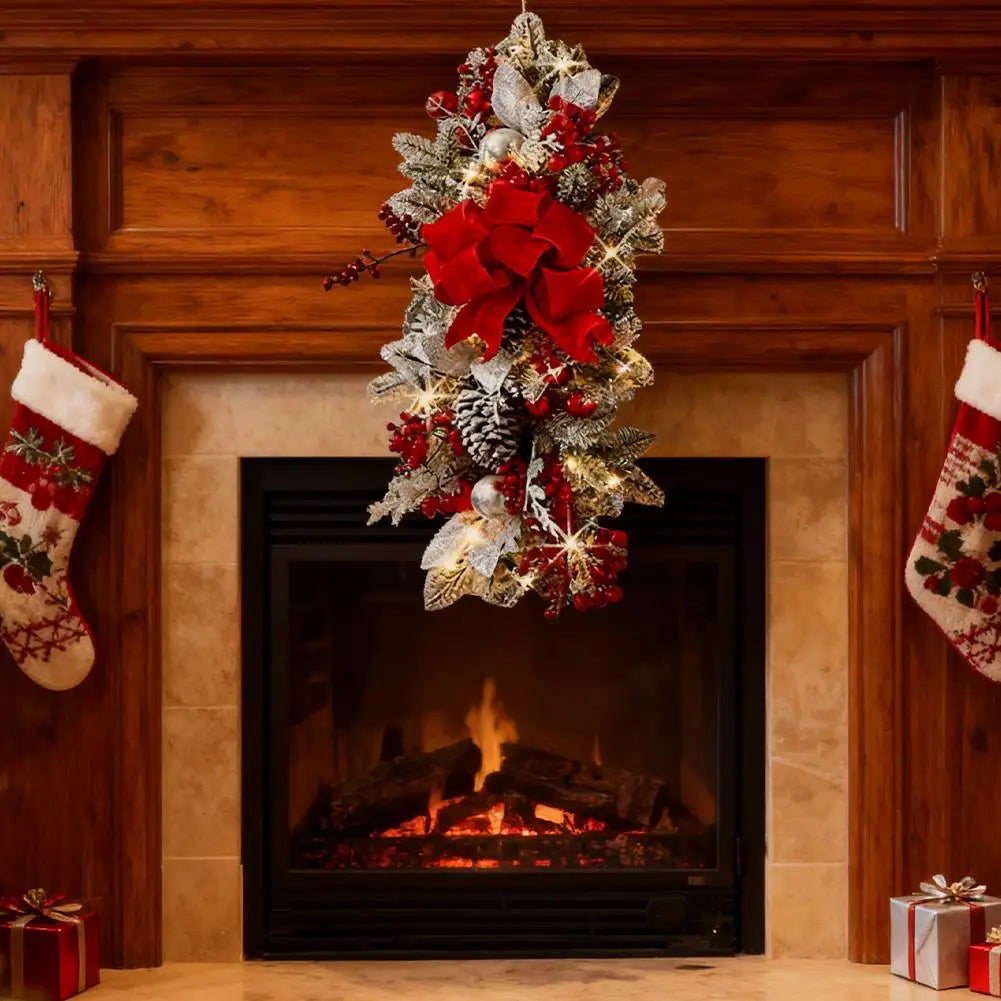 Weihnachtsgirlanden, Treppendekoration, Bäume, Girlande für Treppen, Weihnachtsgirlande mit Lichtern und roten Schleifen, Treppen-Swag-Türdekoration