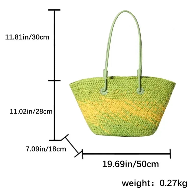 Summer Seaside Beach Bag Hand-woven Large Capacity Straw Tote Bag Gradient Color Design Women 's Travel  Vacation Shoulder Bag