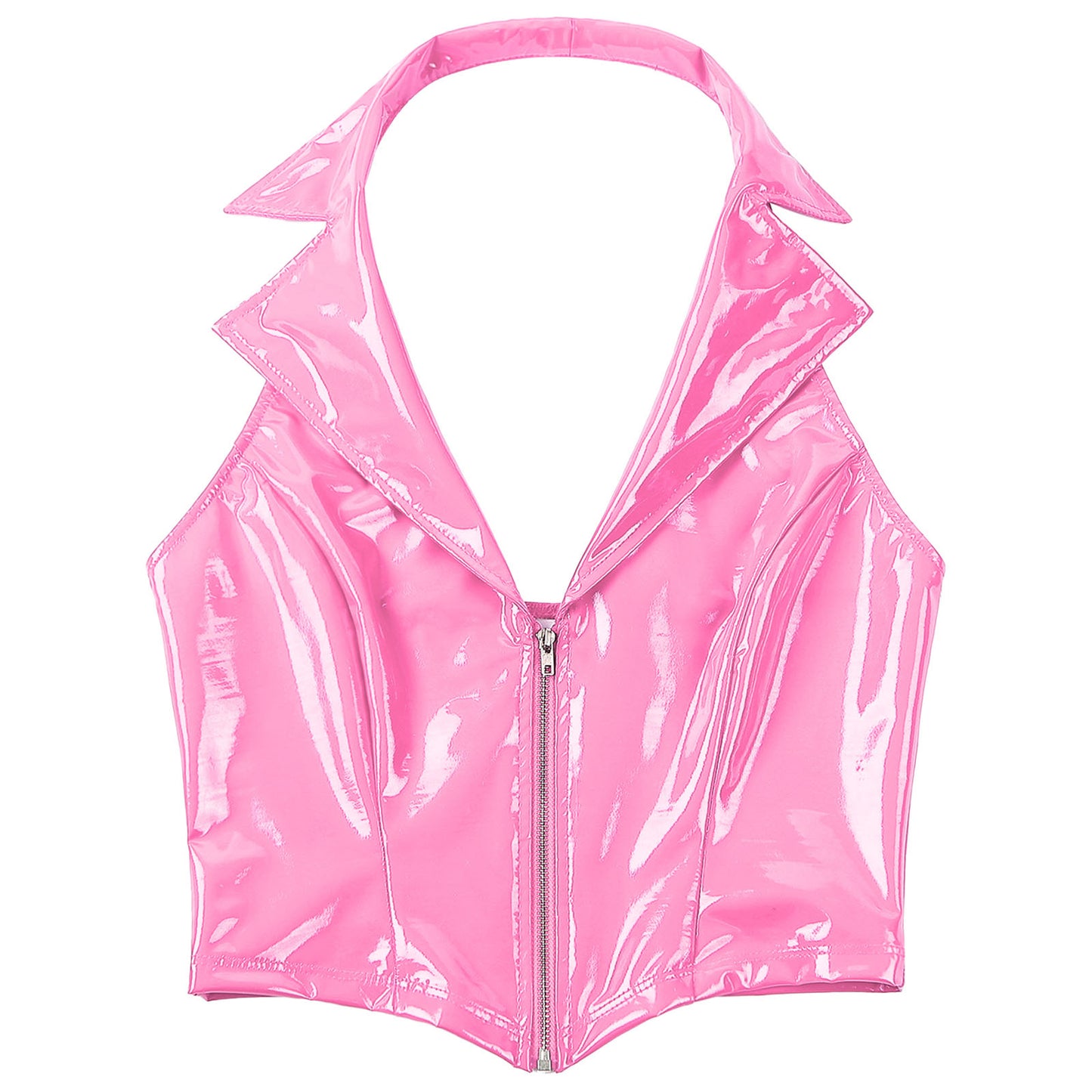Womens Glossy Patent Leather Latex Vest Tops Rave Outfit Clubwear Glossy Corset Waistcoat Notch Lapel Slim Fit Camisole Crop Top