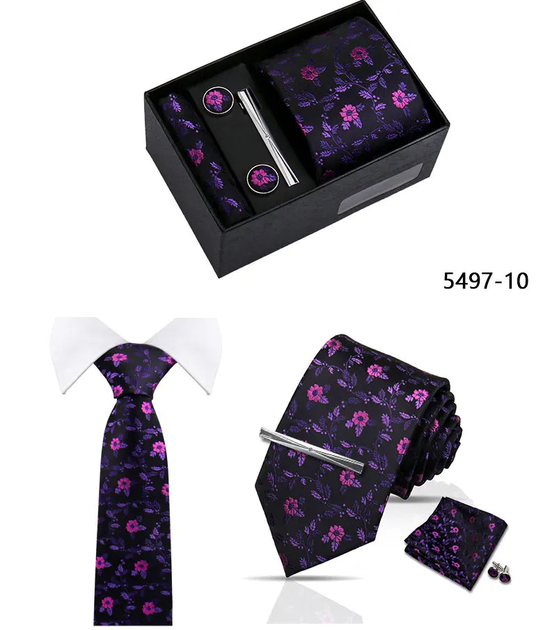 Elegant Men's Suit Necktie Gift Box Set Floral Tie Handchief Cufflinks Tie Clip 4-Piece Business Wedding Party Suit Accessories