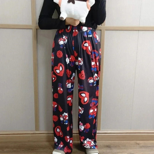 Pyjama 2025: Hello Kitty Spiderman Pajamas Black Kawaii Print - Men Women Universal Couple Fashion Long Comfort Loose Casual Pants Clothing Collection