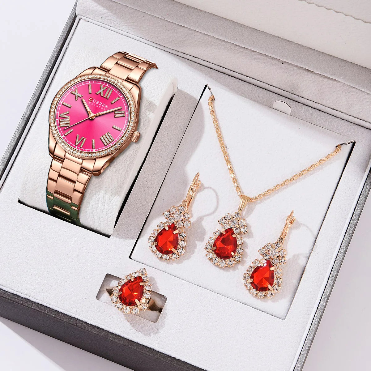 CURREN Luxus Uhr Damen Ring Halskette Ohrringe - Strass Mode Armbanduhr Weiblich Casual Damen Uhren Armband 5-teiliges Set