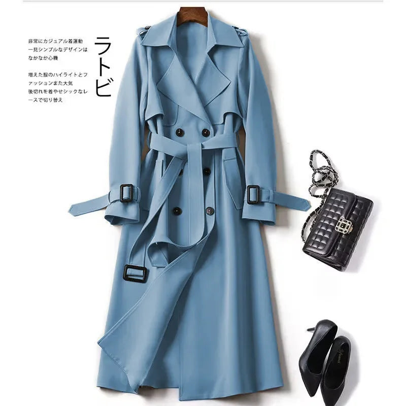 Elegant Women  Fashion British Jackets Autumn Winter Widebreaker Streetwear Midi Coats Casual Office Lady Button Slim Chic Coat