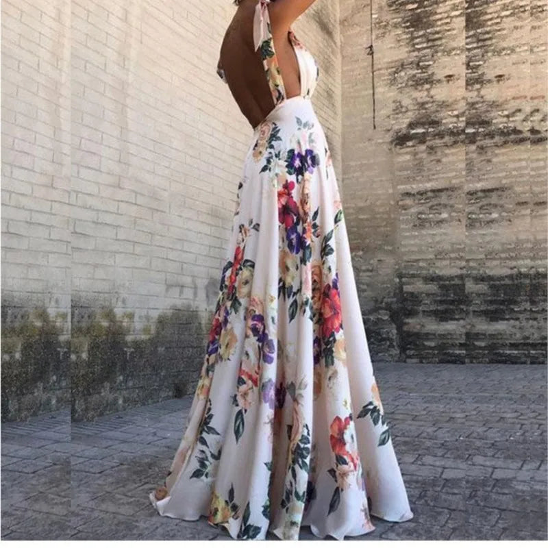 Backless women floral high waist large swing sleeveless long dresse