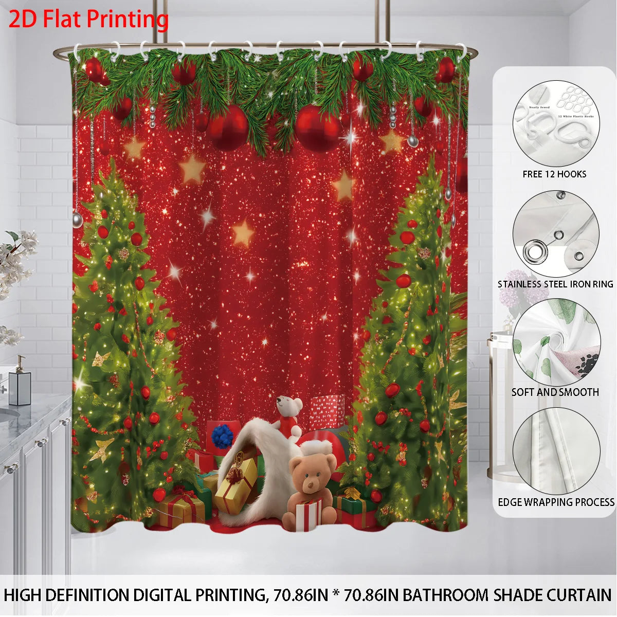 4pcs Merry Christmas Christmas Tree Printed Bathroom Set 180x180 Waterproof Shower Curtain, Floor Mat, U-shaped Mat, Toilet Mat