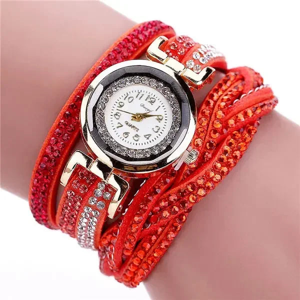 Damen-Uhr 2025: MOONBIFFY Fashion Casual Gold Quartz Women Rhinestone Watch - Braided Leather Bracelet Watch Gift Ladies Wristwatch Relogio Feminino Gift Collection