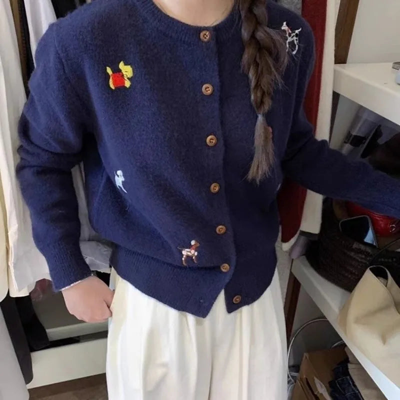 CN Zhejiang Hundemotiv Strickjacke Stickerei Moderner Schliff - Größe M, Polyester, Knopfleiste