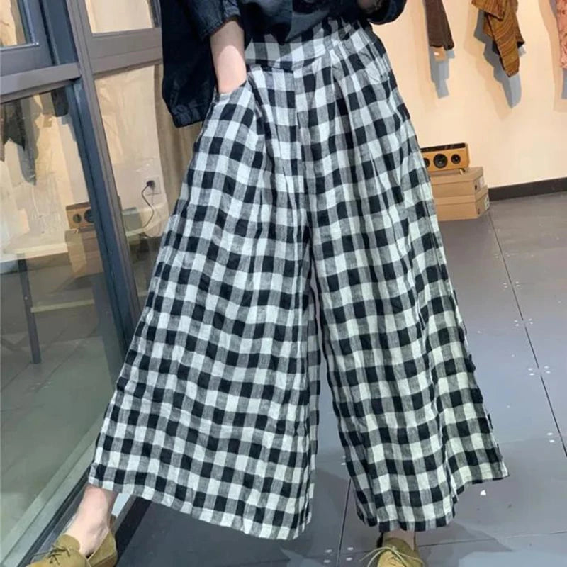 Elegant Woman Dress Plaid Pants Thin Cotton Linen Wide Leg Trousers Women 2024 Summer High Waist Baggy Jogger Pants Sweatpants