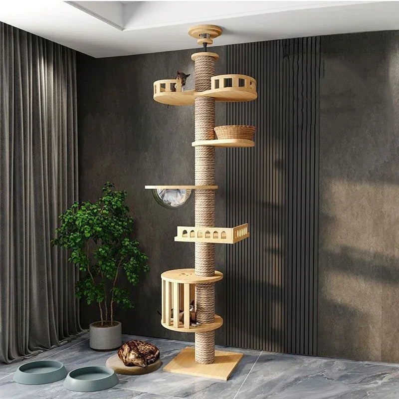 Cat Tower Cat Tree  Adjustable Multi-Function Floor To Ceiling Wooden House Tower For Large Cats With Large Cat Accessories