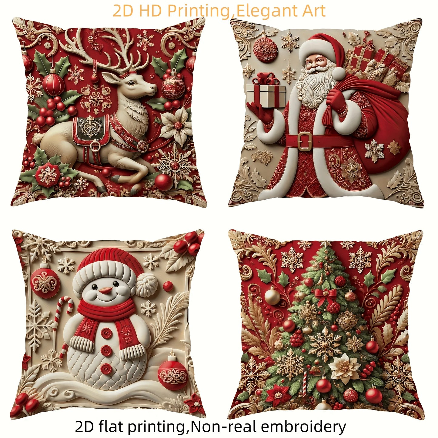 4pcs Christmas Pillow Covers, Red Gold Santa Reindeer Snowman Print, 2D Flat Polyester, for Festive Living Room Decor
