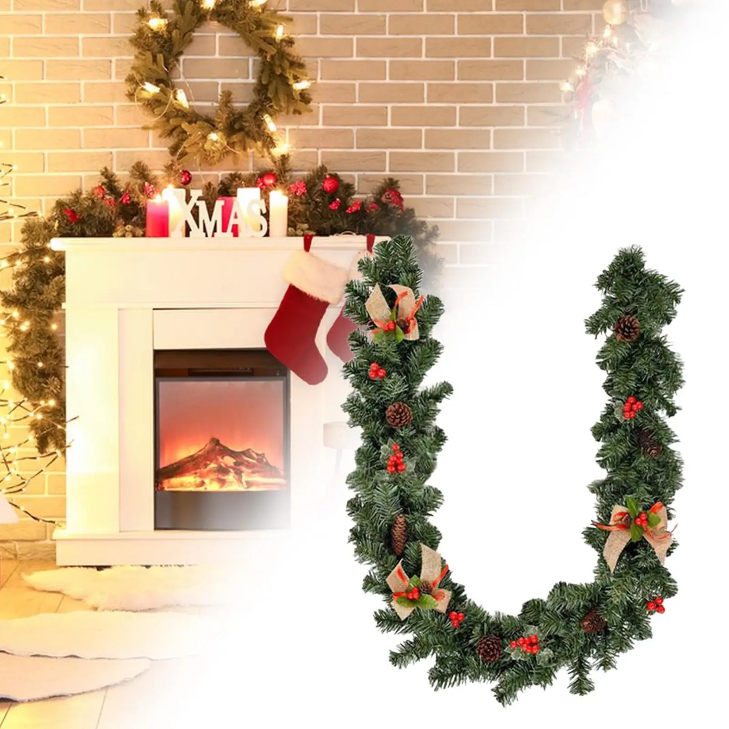 Künstliche Weihnachtsgirlandendekoration, 5,9 Fuß, grün, verziert mit Tannenzapfen, Beerenbüschel für Neujahrskantinnen, Zuhause, Winter