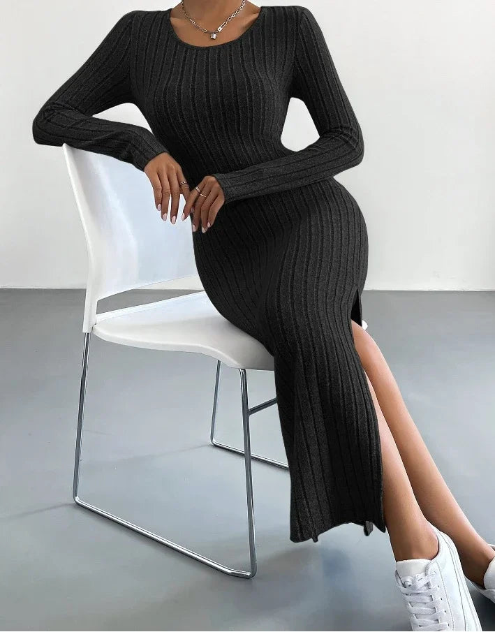 Damen Kleid 2025 - Casual Elegant Women Dresses Autumn Winter Long Sleeve Round Neck Split