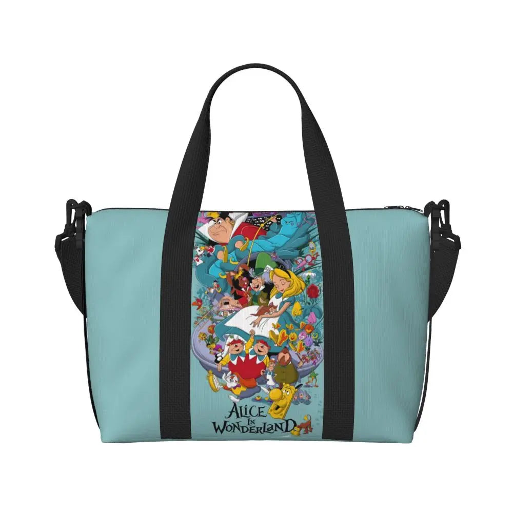 Custom Cheshire Cat Beach Tote Bag for Women We're All Mad Here Cat Big Compartment Gym Beach Travel Bags