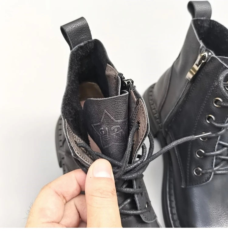 Ghete la gleznă Careaymade, piele naturală, variantă lată - mărime mare, înălțime toc 3-5 cm, căptușeală din lână