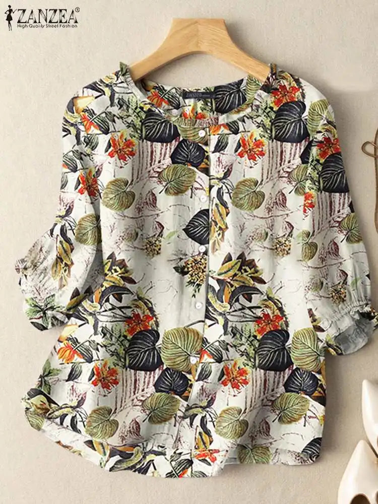 Bohemian Ruffles Tunic Shirt Work Blusas ZANZEA Women Summer O Neck 3/4 Sleeve Tops Casual Mujer Vintage Floral Printed Blouse