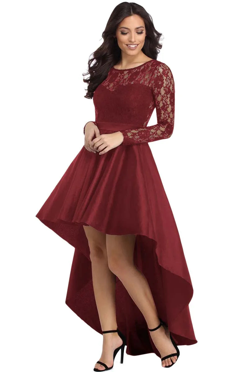 New Spring Elegant Dresses for Women Long Sleeve Lace High Low Satin Prom Evening Dress Cocktail Party Gowns Vestido Feminino