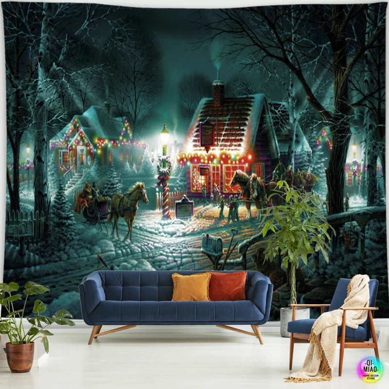 Merry Christmas Tapestry Fireplace Wall Hanging Tapestries Christmas Tree  Room Decoration Santa Claus Home Wall Decor  Large