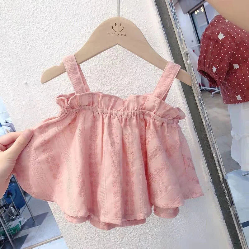 Girls Outfit Set 2022 Summer Clothing Sets Hollow Lace Suit Baby Casual Sleeveless T-shirt+Shorts Kids Clothes Sets Baby Clothes