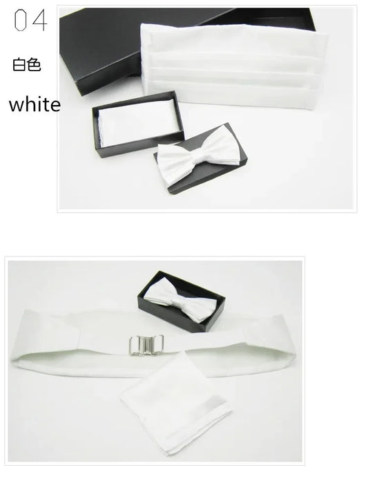 Mens Wedding Tuxedo Bow tie Set Cummerbund Hanky Pocket Towel Black Red White Silver Solid Bowtie Cravat