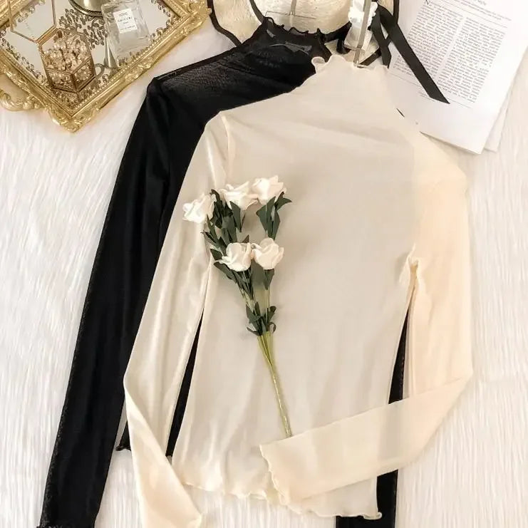 Sexy Women T Shirt See Through Transparent Tops Long Sleeve Ladies T-Shirt Pink Green Basic Top for Female Bottoming Blouses