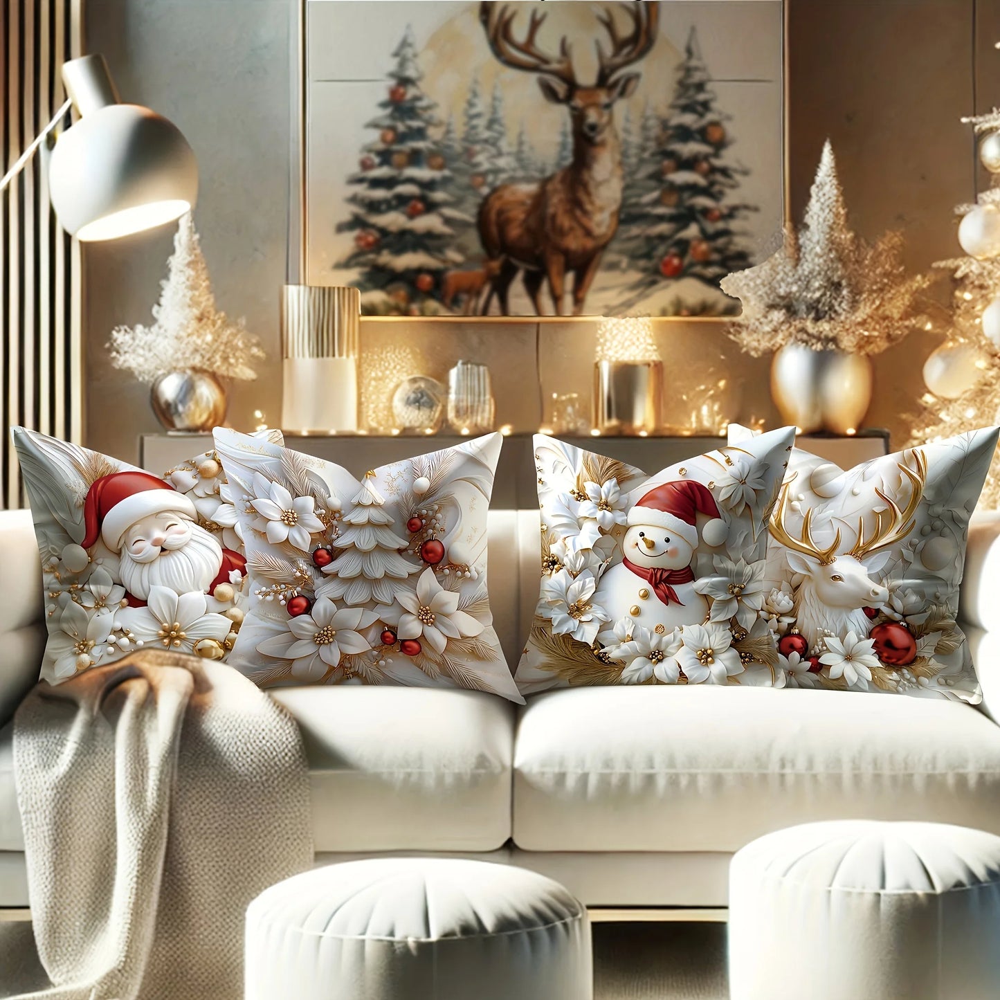 4PCS Set of Holiday Velvet Christmas Pillow Covers with Santa Claus, Snowman, Reindeer, and Poinsettia - Without Lining