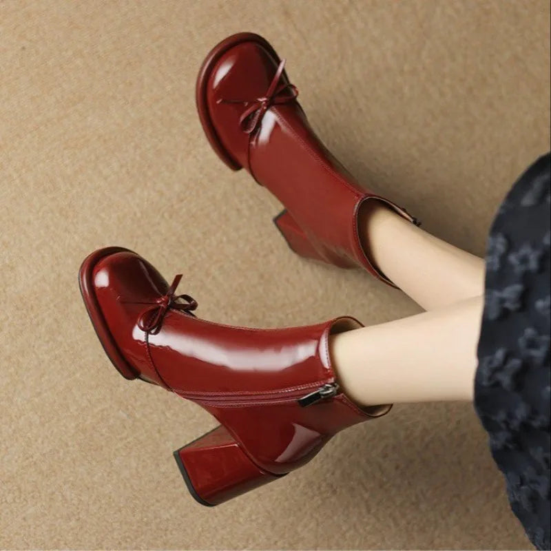 Elegant High Heels Women Ankle Boots Bow Sweet Shoes Winter New 2025 Trend Chunky Pu Leather Party Dress Snow Boots Pumps Mujer