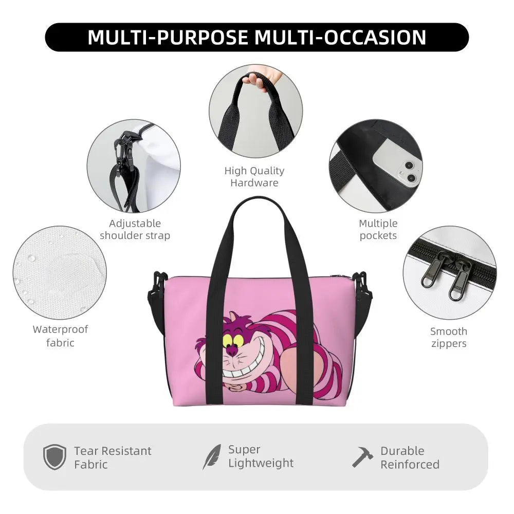 Custom Cheshire Cat Beach Tote Bag for Women We're All Mad Here Cat Big Compartment Gym Beach Travel Bags