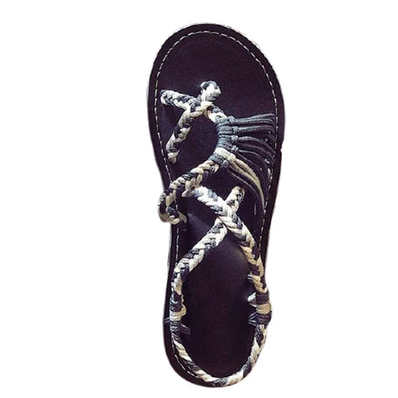Women Summer Flip Flop Sandals Shoes Mixed Color Matching Rope Knot Beach Toe Roman Sandals Casual Comfortable Plus Size Shoes