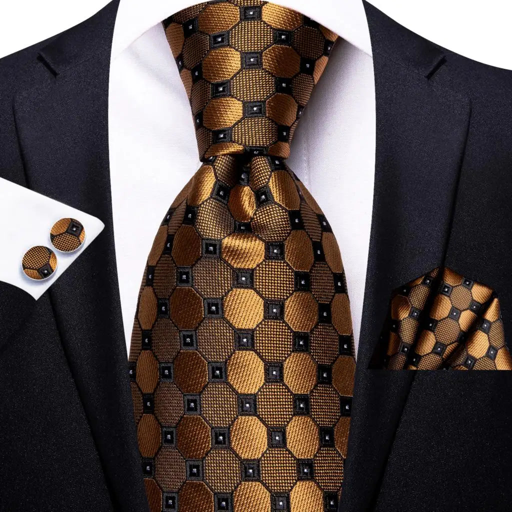 Hi-Tie Seiden-Herren-Krawatten-Set Blumenmuster Gelb Gold Krawatten und Taschentücher Manschettenknöpfe-Set Herren-Hochzeits-Party-Anzug-Mode-Halskrawatte C-3053