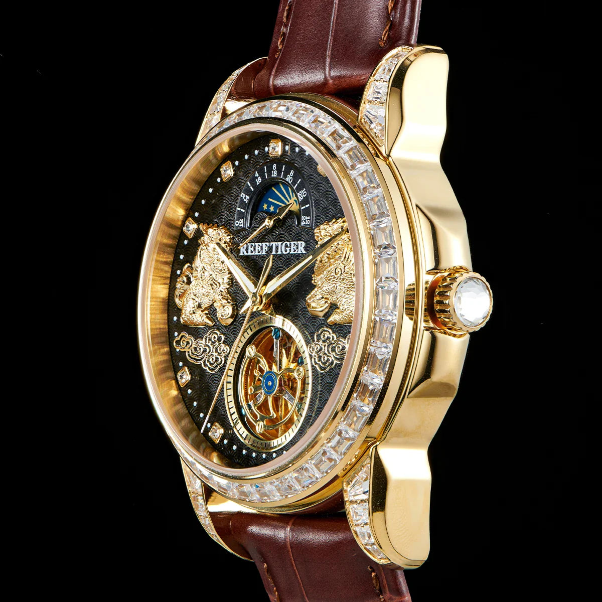 Reef tiger automatic watch rose gold pixiu dial diamond bezel leather strap