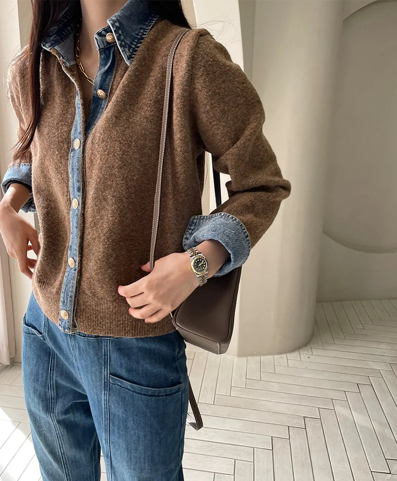 BigLargiCN Strickcardigan Herbst Denim Patchwork Damen Korean Stil - Gewicht 120–220 g/m² Länge Regular Lockere Passform