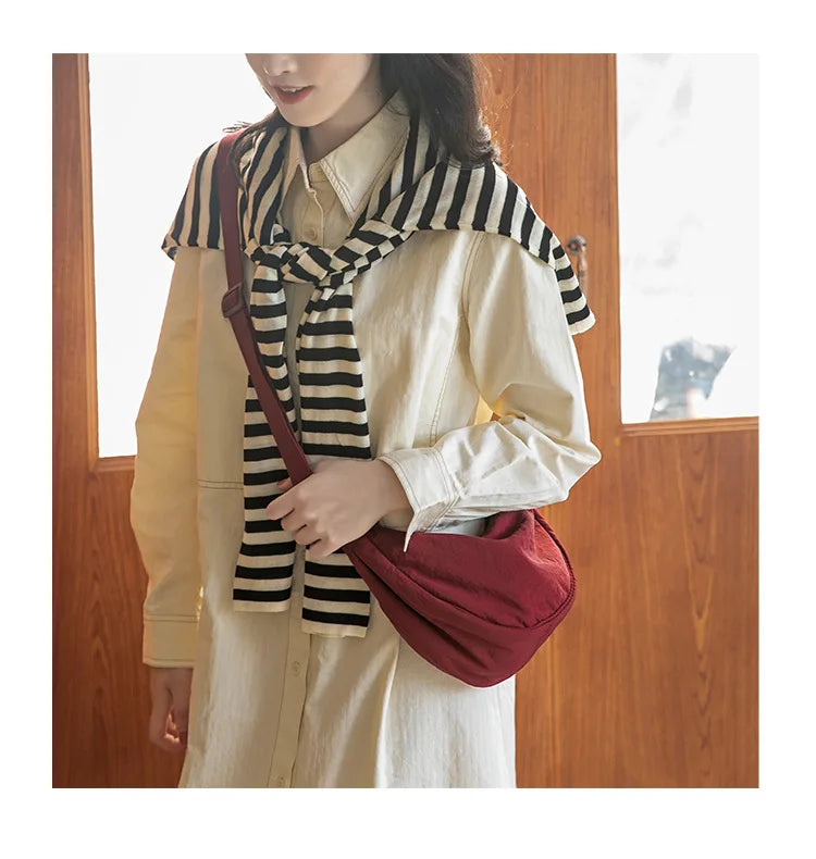 Solid Color Women's Portable Shoulder Bag Simple Female Nylon Cloth Padded Crossbody Bags Travel Purse Handbags Messenger Bag