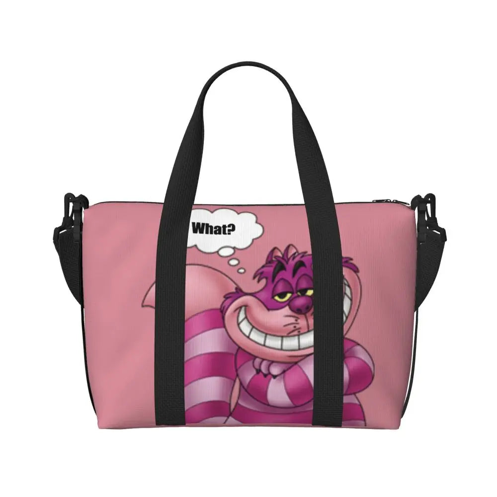 Custom Cheshire Cat Beach Tote Bag for Women We're All Mad Here Cat Big Compartment Gym Beach Travel Bags