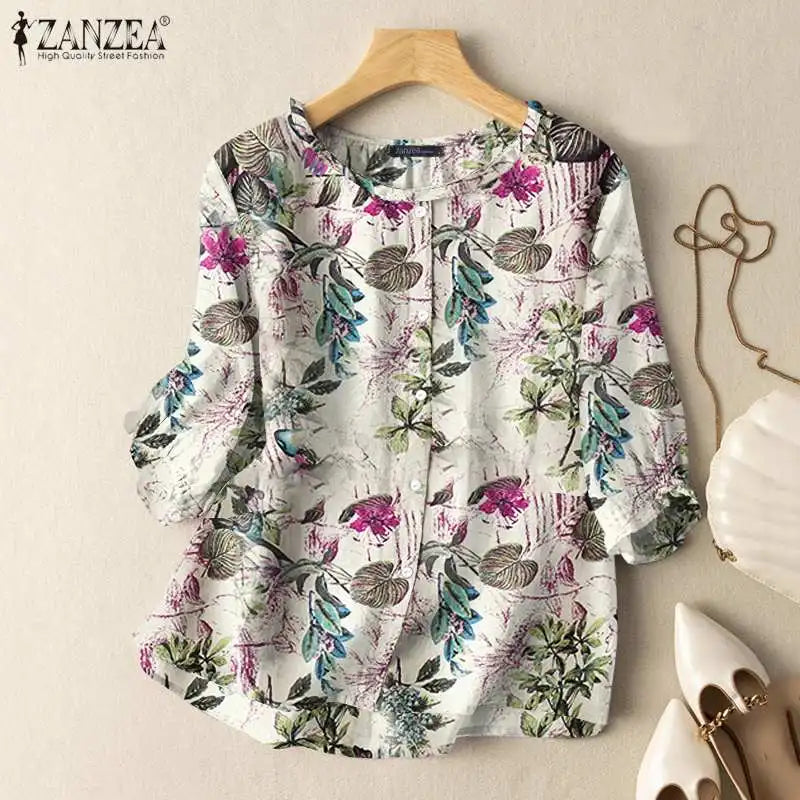 Bohemian Ruffles Tunic Shirt Work Blusas ZANZEA Women Summer O Neck 3/4 Sleeve Tops Casual Mujer Vintage Floral Printed Blouse