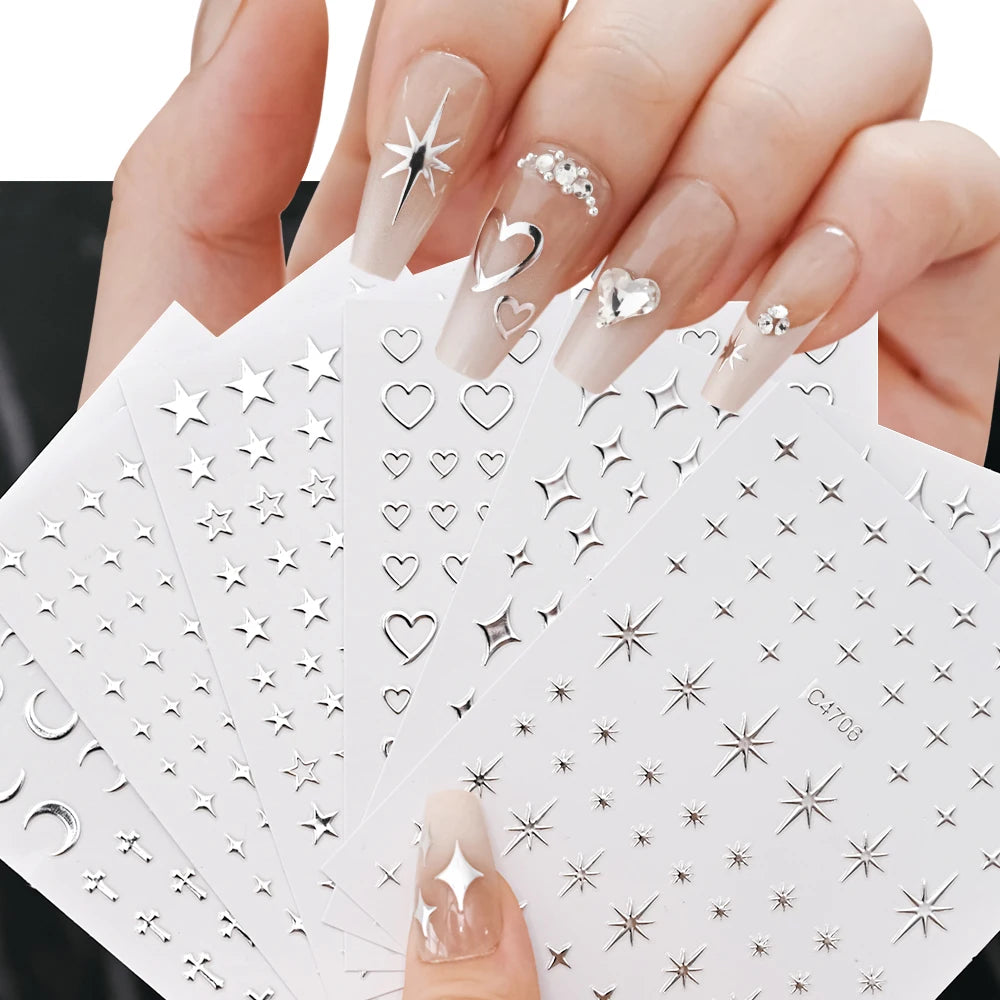 MAFANAILS Metal Silber Nagelsticker - 6 Stück 10x8cm 3D