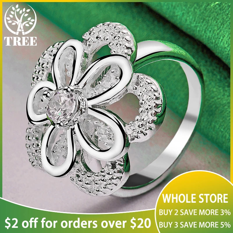 925 Silber Zirkon Blumenring - Sterling 925 8.7 G Größe S