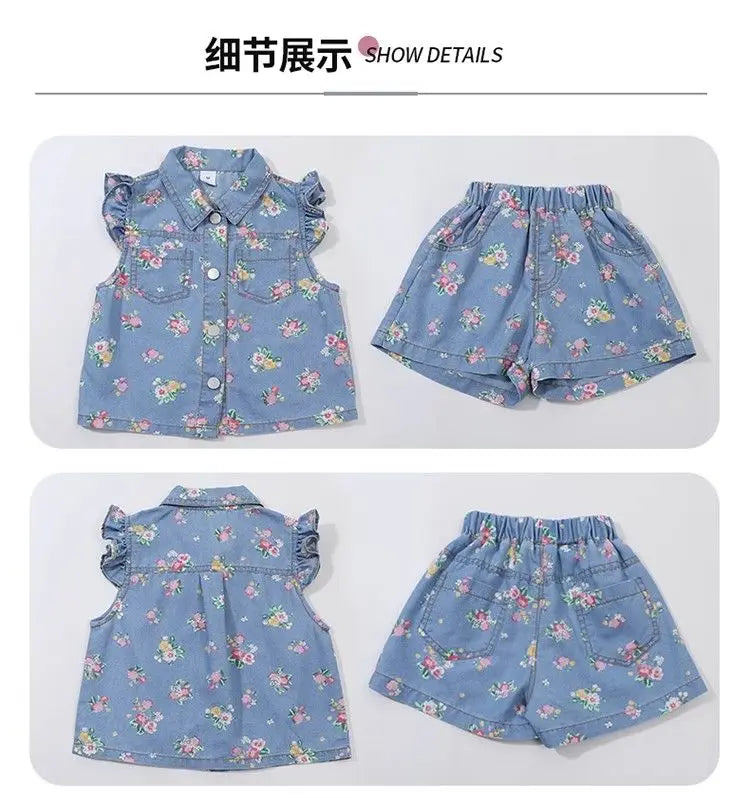 Children's Clothing Sets Floral Print Lace Sleeveless Top + Shorts 2pcs Sets  Baby Girl Outfit Set Kids Clothes for Girls