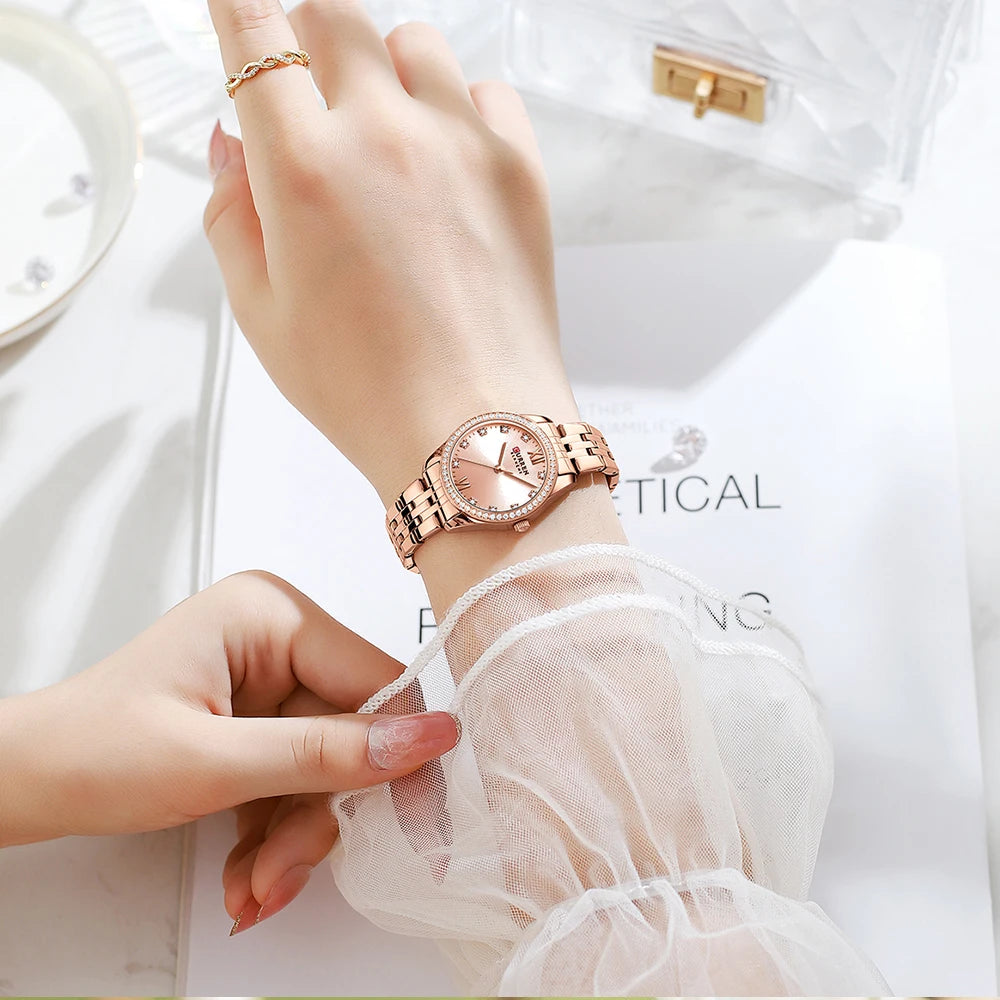CURREN Luxus Uhr Damen Ring Halskette Ohrringe - Strass Mode Armbanduhr Weiblich Casual Damen Uhren Armband 5-teiliges Set