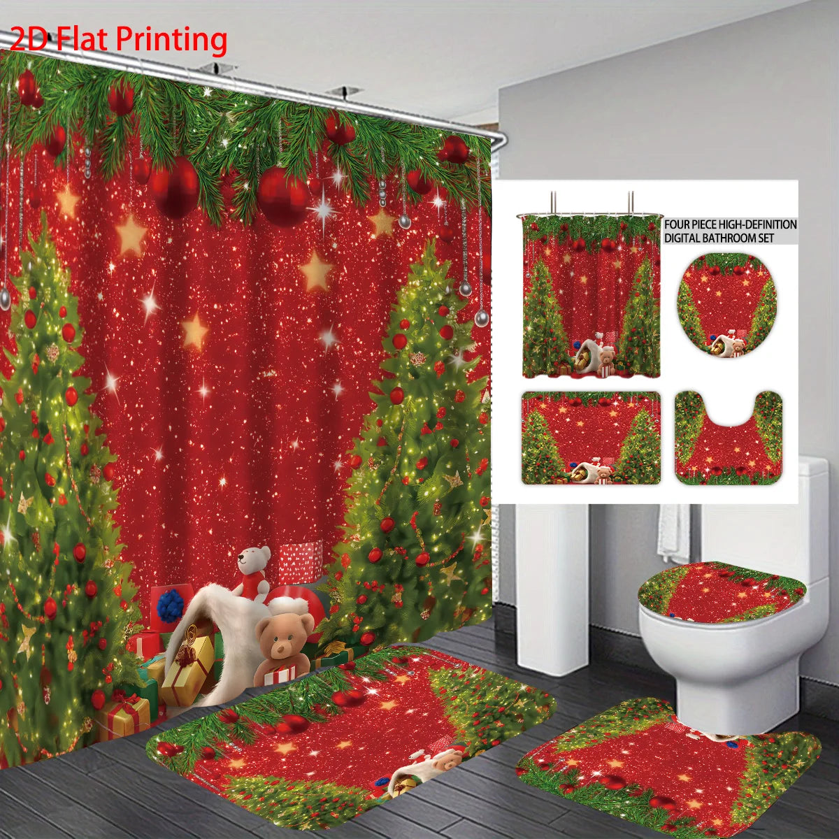 4pcs Merry Christmas Christmas Tree Printed Bathroom Set 180x180 Waterproof Shower Curtain, Floor Mat, U-shaped Mat, Toilet Mat