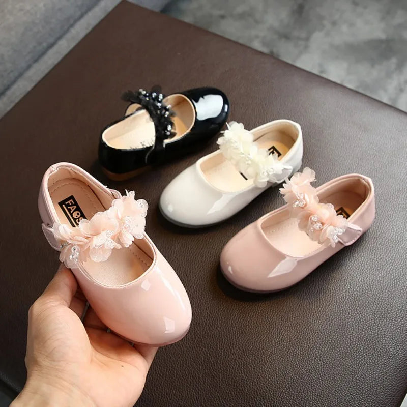 Kinder Leder Schuhe 2025 - Mädchen Pink Mesh Blume Perle - Prinzessin Party Schuhe Gummi Sohle Kleid Tanz Flach