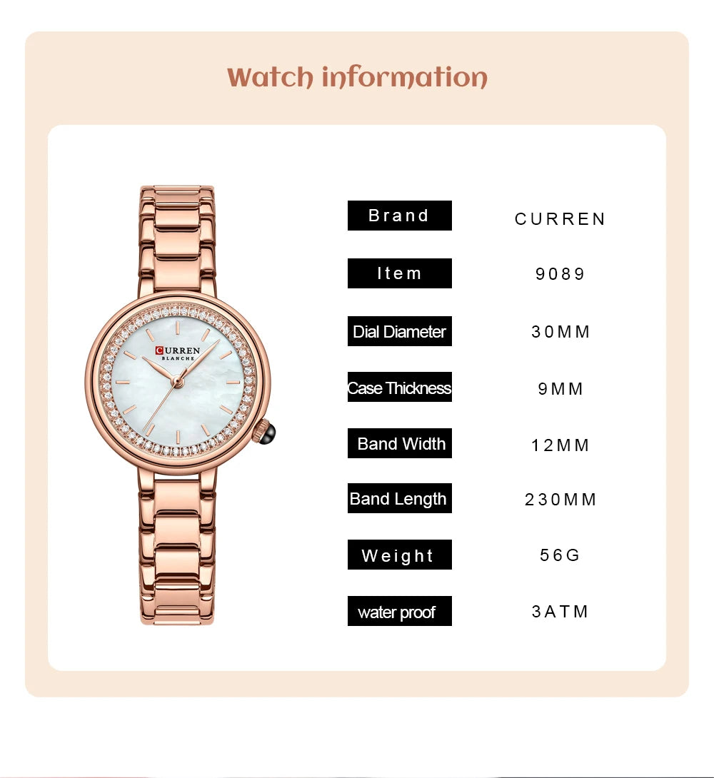 CURREN Luxus Uhr Damen Ring Halskette Ohrringe - Strass Mode Armbanduhr Weiblich Casual Damen Uhren Armband 5-teiliges Set